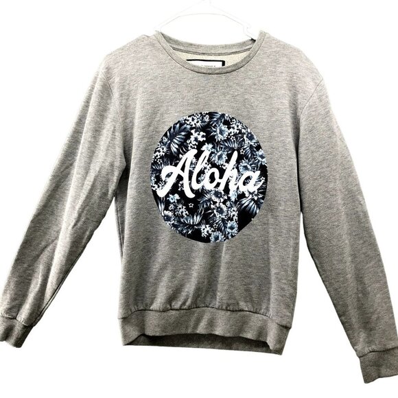 Zara Sweatshirt Mens M Aloha Hawaiian Gray Crewneck Fleece Floral Tropical - Picture 1 of 9